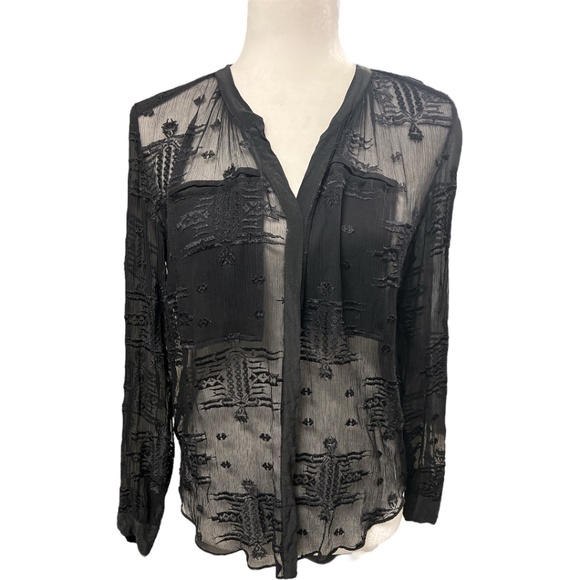 REBECCA TAYLOR Womens White Metallic Sheer Lined Floral Flutter Sleeve Keyhole Top